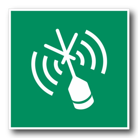 Naklejka BHP 15 cm - Radiolatarnia wskazująca pozycję awaryjną - E052