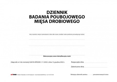 Dziennik badania poubojowego mięsa drobiowego A4 - 50 kart Dziennik badania poubojowego mięsa drobiowego A4 - 50 kart