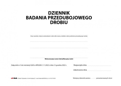 Dziennik badania przedubojowego drobiu A4 - 50 kart Dziennik badania przedubojowego drobiu A4 - 50 kart