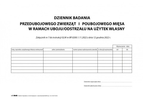 Dziennik badania przedubojowego zwierząt i poubojowego mięsa - odstrzał A4 - 50 kart Dziennik badania przedubojowego zwierząt i poubojowego mięsa - odstrzał A4 - 50 kart