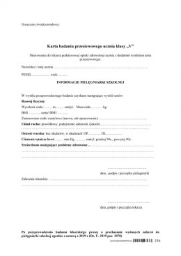 Karta badania przesiewowego ucznia klasy V SP A5 - druk