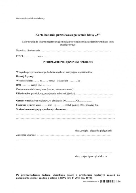 Karta badania przesiewowego ucznia klasy V SP A5 - druk Karta badania przesiewowego ucznia klasy V SP A5 - druk