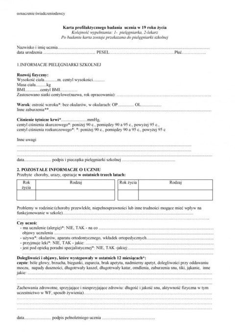 Karta profilaktycznego badania lekarskiego ucznia 19 letniego A5 - druk Karta profilaktycznego badania lekarskiego ucznia 19 letniego A5 - druk