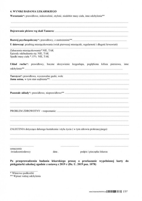 Karta profilaktycznego badania lekarskiego ucznia 19 letniego A5 - druk Karta profilaktycznego badania lekarskiego ucznia 19 letniego A5 - druk