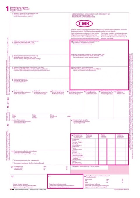 Międzynarodowy List przewozowy CMR 1+4 100k / 10 egz. Międzynarodowy List przewozowy CMR 1+4 100k / 10 egz.