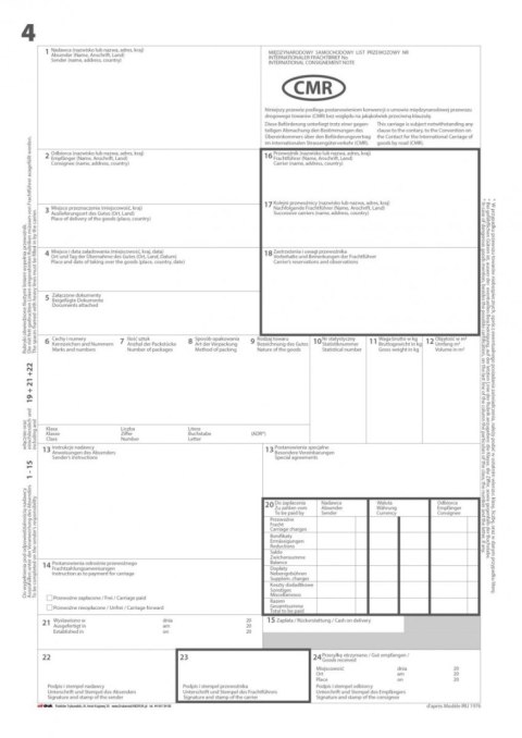 Międzynarodowy List przewozowy CMR 1+4 100k / 10 egz. Międzynarodowy List przewozowy CMR 1+4 100k / 10 egz.