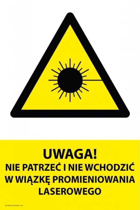Tablica PVC 20x30cm UWAGA NIE PATRZEĆ I NIE WCHODZIĆ W WIĄZKĘ PROMIENIA LASEROWEGO Tablica PVC 20x30cm UWAGA NIE PATRZEĆ I NIE WCHODZIĆ W WIĄZKĘ PROMIENIA LASEROWEGO