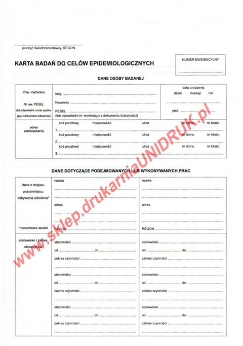 Karta badań do celów epidemiologicznych - druk Karta badań do celów epidemiologicznych - druk