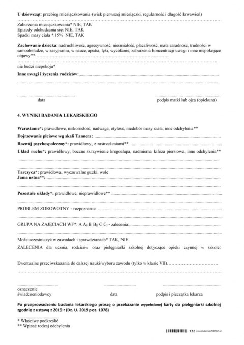 Karta profilaktycznego badania lekarskiego ucznia klasy VII SP A-5 - druk Karta profilaktycznego badania lekarskiego ucznia klasy VII SP A-5 - druk