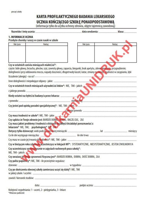Karta profilaktycznego badania lekarskiego ucznia kończącego szkołę ponadpodstawową A-5 - druk Karta profilaktycznego badania lekarskiego ucznia kończącego szkołę ponadpodstawową A-5 - druk