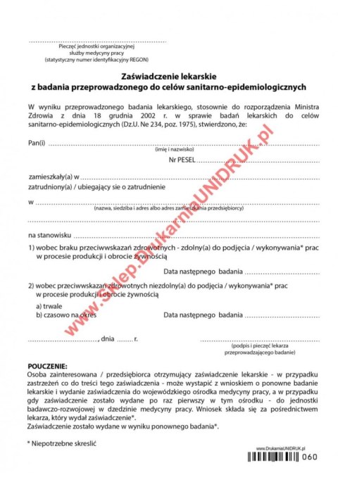 Orzeczenie lekarskie dla osób pracujących przy produkcji żywności - druk Orzeczenie lekarskie dla osób pracujących przy produkcji żywności - druk