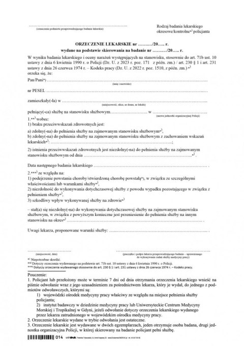 Orzeczenie lekarskie o zdolności/niezdolności do pracy policjanta- druk Orzeczenie lekarskie o zdolności/niezdolności do pracy policjanta- druk