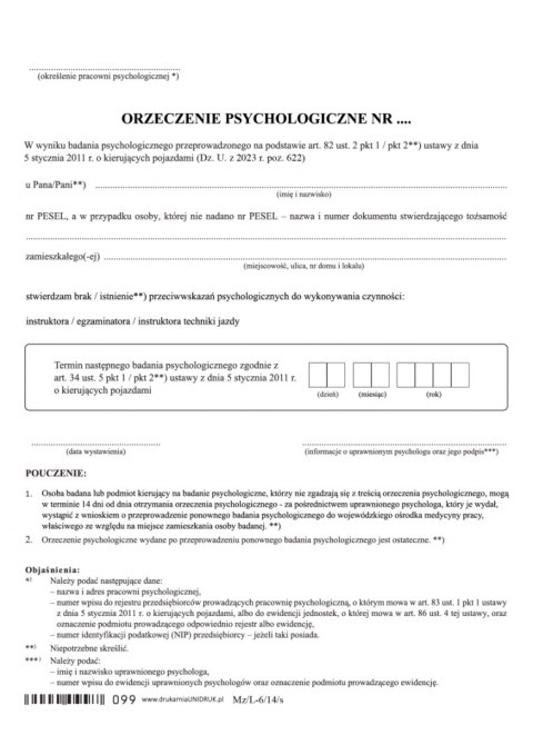 Orzeczenie psychologiczne dla instruktorów/egzaminatorów - druk Orzeczenie psychologiczne dla instruktorów/egzaminatorów - druk