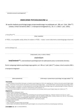 Orzeczenie psychologiczne dla kierowców - druk