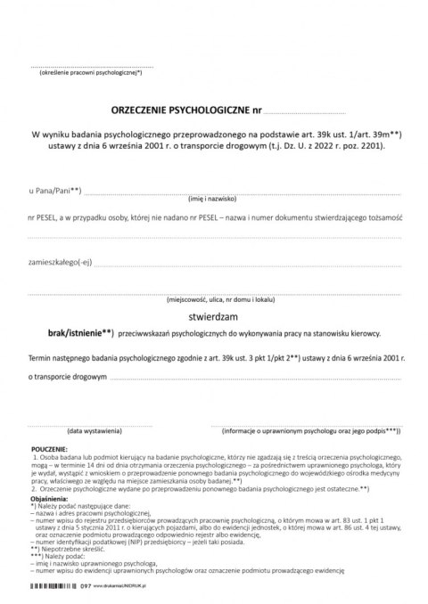Orzeczenie psychologiczne dla kierowców - druk Orzeczenie psychologiczne dla kierowców - druk
