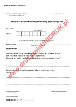 Orzeczenie psychologiczne dla kierowców kat.B - służbowo - druk