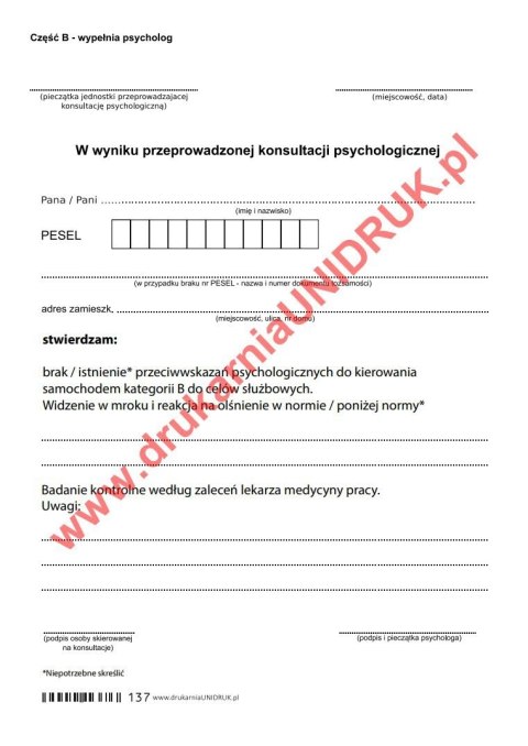 Orzeczenie psychologiczne dla kierowców kat.B - służbowo - druk Orzeczenie psychologiczne dla kierowców kat.B - służbowo - druk