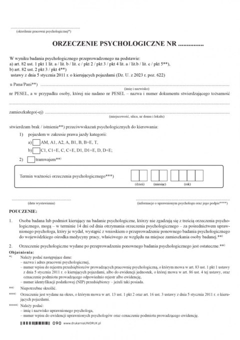 Orzeczenie psychologiczne dla kierujących pojazdami - druk Orzeczenie psychologiczne dla kierujących pojazdami - druk