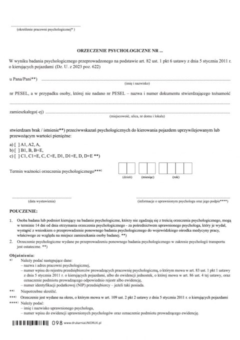 Orzeczenie psychologiczne dla kierujących pojazdami uprzywilejowanymi - druk Orzeczenie psychologiczne dla kierujących pojazdami uprzywilejowanymi - druk