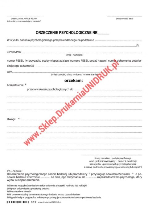 Orzeczenie psychologiczne uniwersalne - druk Orzeczenie psychologiczne uniwersalne - druk