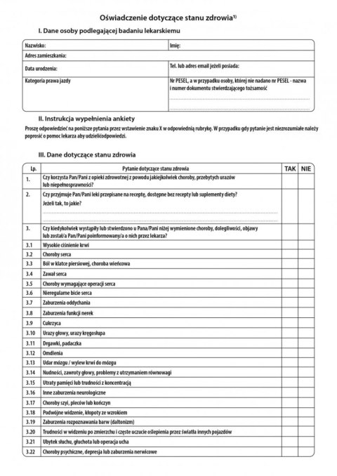 Oświadczenie dotyczące stanu zdrowia kierowcy - druk Oświadczenie dotyczące stanu zdrowia kierowcy - druk
