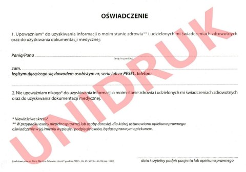 Oświadczenie o upoważnieniu do informacji o stanie zdrowia - druk Oświadczenie o upoważnieniu do informacji o stanie zdrowia - druk