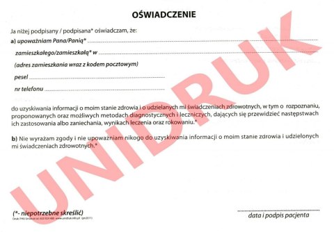 Oświadczenie o upoważnieniu do informacji o stanie zdrowia - druk Oświadczenie o upoważnieniu do informacji o stanie zdrowia - druk