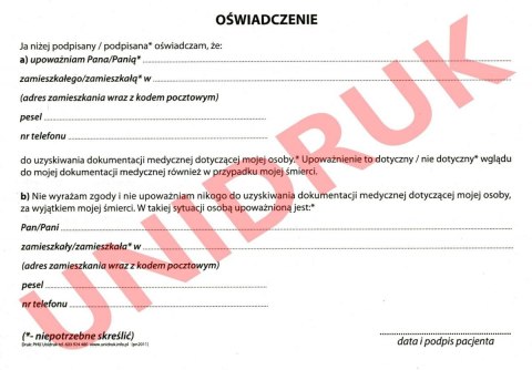 Oświadczenie o upoważnieniu do informacji o stanie zdrowia - druk Oświadczenie o upoważnieniu do informacji o stanie zdrowia - druk