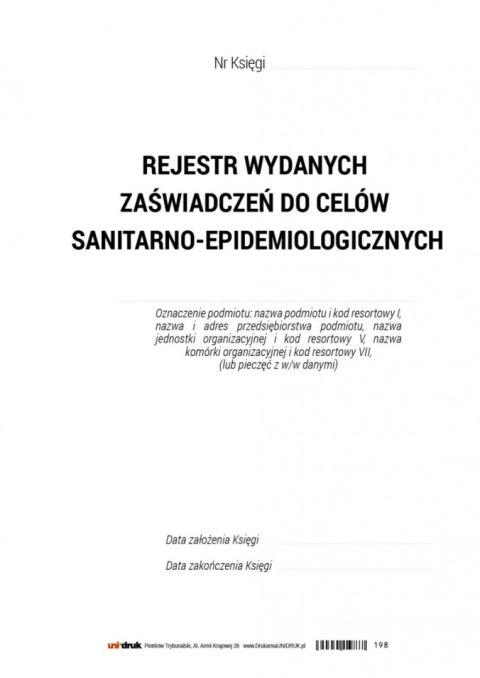 Rejestr wydanych zaświadczeń do celów sanitarno-epidemiologicznych A-4 Rejestr wydanych zaświadczeń do celów sanitarno-epidemiologicznych A-4