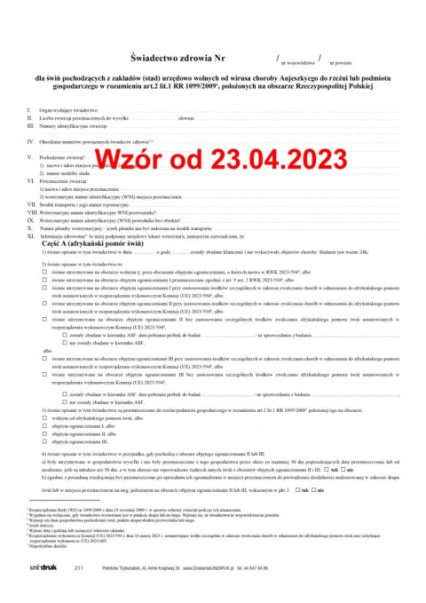 Świadectwo dla świń pochodzących z zakładów/stad urzędowo wolnych od choroby Aujeszkyego - A4 Świadectwo dla świń pochodzących z zakładów/stad urzędowo wolnych od choroby Aujeszkyego - A4
