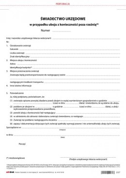 Świadectwo urzędowe w przypadku uboju z konieczności poza rzeźnią - A4