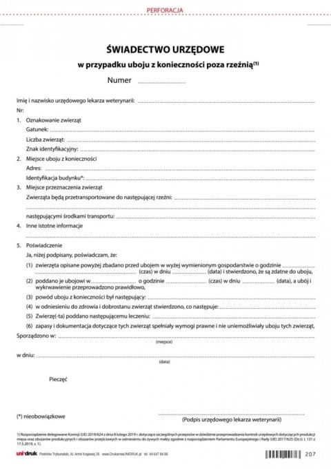 Świadectwo urzędowe w przypadku uboju z konieczności poza rzeźnią - A4 Świadectwo urzędowe w przypadku uboju z konieczności poza rzeźnią - A4