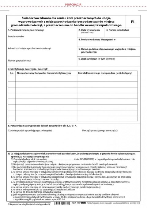 Świadectwo zdrowia dla koni przeznaczonych do uboju A4 Świadectwo zdrowia dla koni przeznaczonych do uboju A4