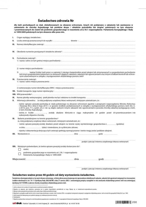 Świadectwo zdrowia dla świń na obszarze ochronnym A4 Świadectwo zdrowia dla świń na obszarze ochronnym A4