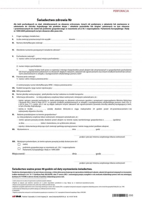 Świadectwo zdrowia dla świń na obszarze ochronnym A4 Świadectwo zdrowia dla świń na obszarze ochronnym A4
