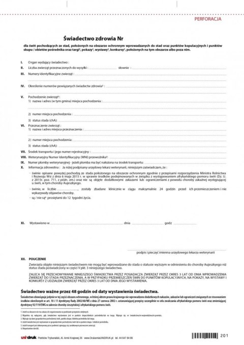Świadectwo zdrowia dla świń - obszar ochronny - kopulacyjne A4 Świadectwo zdrowia dla świń - obszar ochronny - kopulacyjne A4