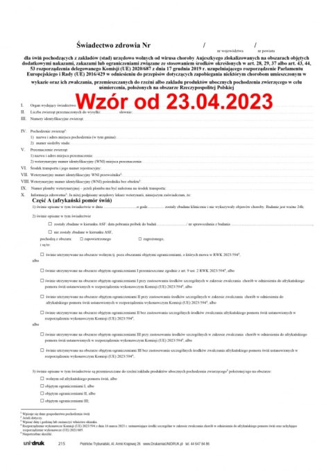 Świadectwo zdrowia dla świń pochodzących z zakładów (stad) urzędowo wolnych od wirusa choroby Aujeszkyego zlokalizowanych na obs Świadectwo zdrowia dla świń pochodzących z zakładów (stad) urzędowo wolnych od wirusa choroby Aujeszkyego zlokalizowanych na obs
