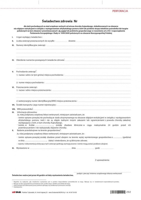 Świadectwo zdrowia dla świń przemieszczanych do rzeźni A4 Świadectwo zdrowia dla świń przemieszczanych do rzeźni A4