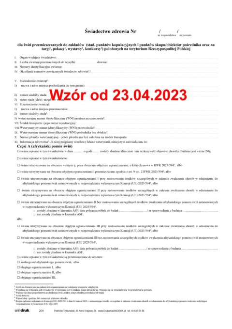Świadectwo zdrowia dla świń przemieszczanych do zakładów - A4 Świadectwo zdrowia dla świń przemieszczanych do zakładów - A4