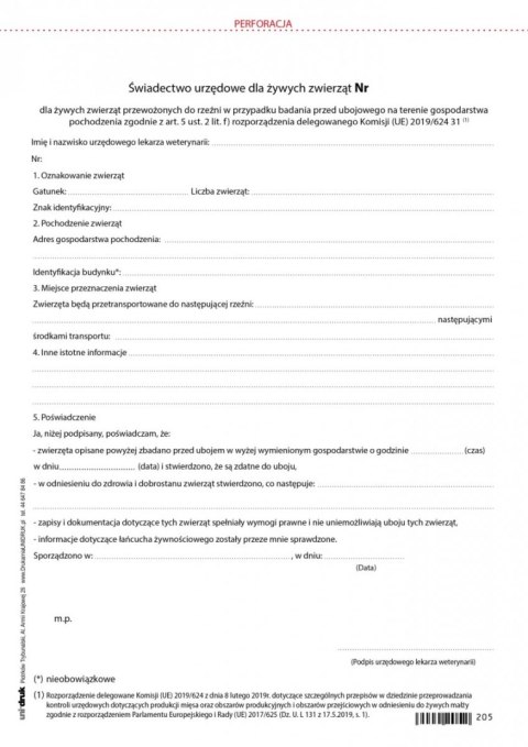 Świadectwo zdrowia dla żywych zwierząt przewożonych do rzeźni A4 Świadectwo zdrowia dla żywych zwierząt przewożonych do rzeźni A4