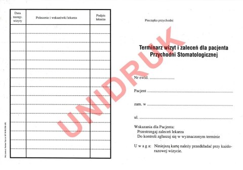Terminarz wizyt i zaleceń dla pacjenta Przychodni Stomatologicznej - druk Terminarz wizyt i zaleceń dla pacjenta Przychodni Stomatologicznej - druk