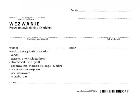 Wezwanie na szczepienie dziecka - druk Wezwanie na szczepienie dziecka - druk