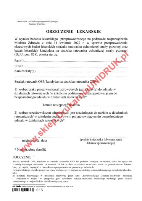 Zaświadczenie lekarskie. Badanie dla OSP - druk