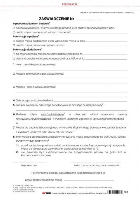 Zaświadczenie o przeprowadzonym badaniu - A4 Zaświadczenie o przeprowadzonym badaniu - A4