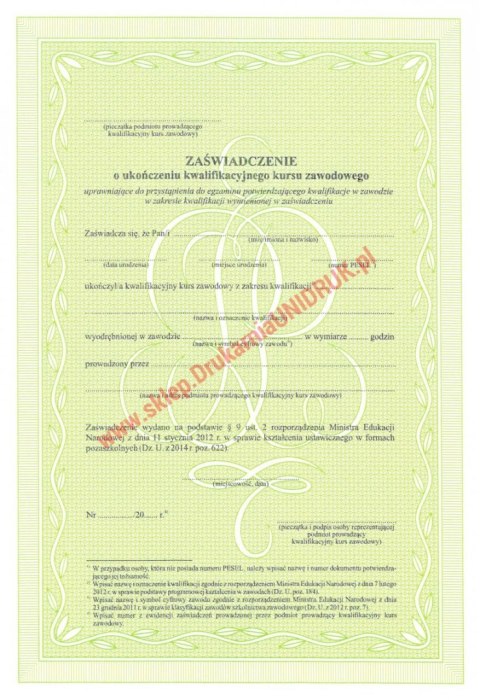 Zaświadczenie o ukończeniu kwalifikacyjnego kursu zawodowego Zaświadczenie o ukończeniu kwalifikacyjnego kursu zawodowego