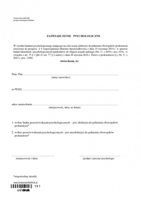 Zaświadczenie psychologiczne dla prokuratora - druk Zaświadczenie psychologiczne dla prokuratora - druk