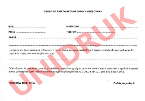Zgoda na przetwarzanie danych osobowych - druk Zgoda na przetwarzanie danych osobowych - druk