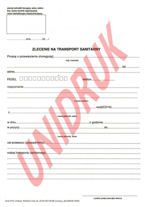 Zlecenie na transport sanitarny - druk Zlecenie na transport sanitarny - druk