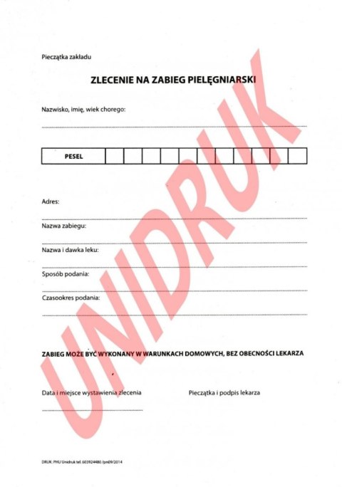 Zlecenie na zabieg pielęgniarski - druk Zlecenie na zabieg pielęgniarski - druk