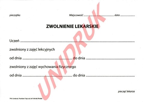 Zwolnienie lekarskie dla uczniów - druk Zwolnienie lekarskie dla uczniów - druk